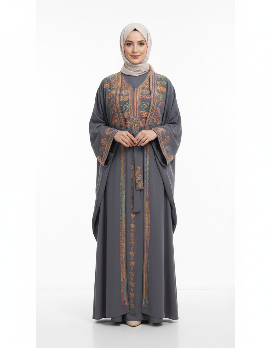 Şeyha abaya takımı rengi Gri, işlemeli, resmi yazlık abaya takımı