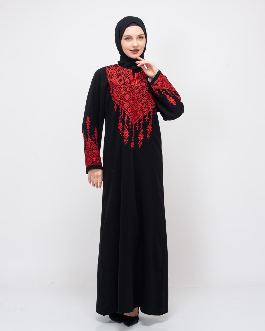 (Kırmızı)Filistin Desenli Nakışlı Safed Elbisesi