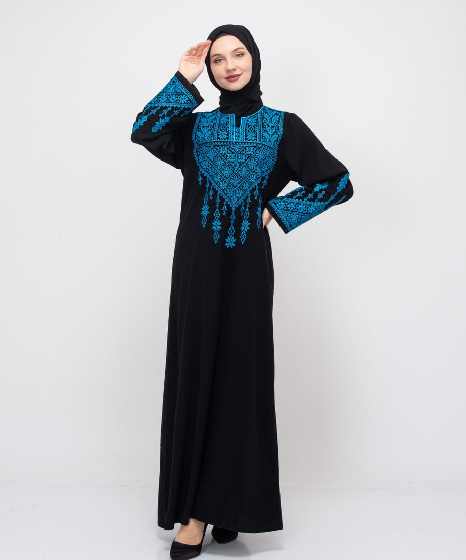 (Mavi )Filistin Desenli Nakışlı Safed Elbisesi