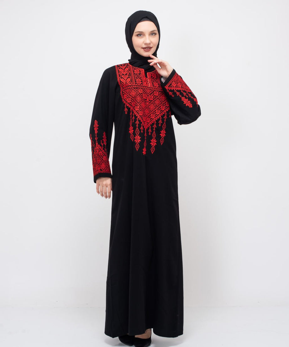 (Kırmızı)Filistin Desenli Nakışlı Safed Elbisesi